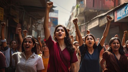 Women's Day. Group of united Indian women claiming their power in the streets Generative AI