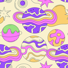 Seamless pattern. Vibrant vector illustration with abstract planets, stars. Groovy galactic. Cartoon space. Playful, surreal style. Psychedelic mood. Design for fabric, wrapping paper, notebook cover