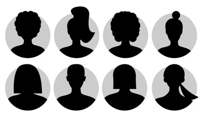 Vector isolated silhouettes or icons of male and female faces serving as avatars or profiles for unknown or anonymous individuals. Flat portraits of woman and man on transparent background.
