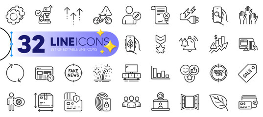 Outline set of Rise price, Lock and Box size line icons for web with Fireworks, Video conference, Bell thin icon. Web timer, Leaf, Card pictogram icon. Online payment, Edit user, Voting hands. Vector