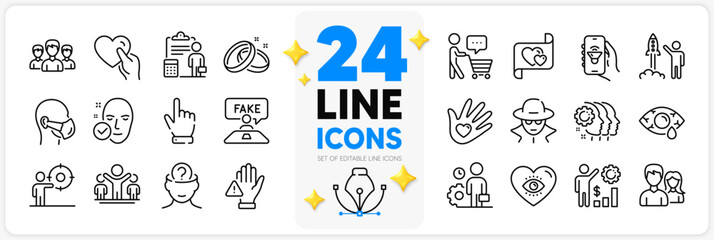 Icons set of Health skin, Social responsibility and Psychology line icons pack for app with Dont touch, Hold heart, Meditation eye thin outline icon. Accounting, Employee, Group pictogram. Vector