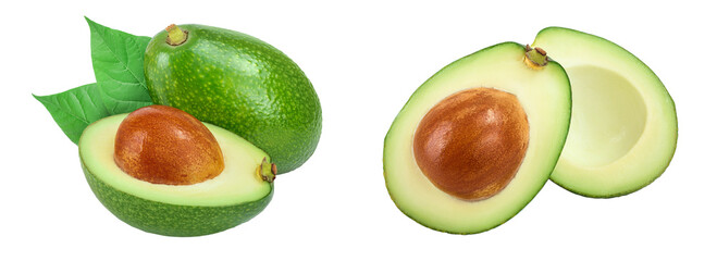 avocado and half with leaves isolated on white background close-up