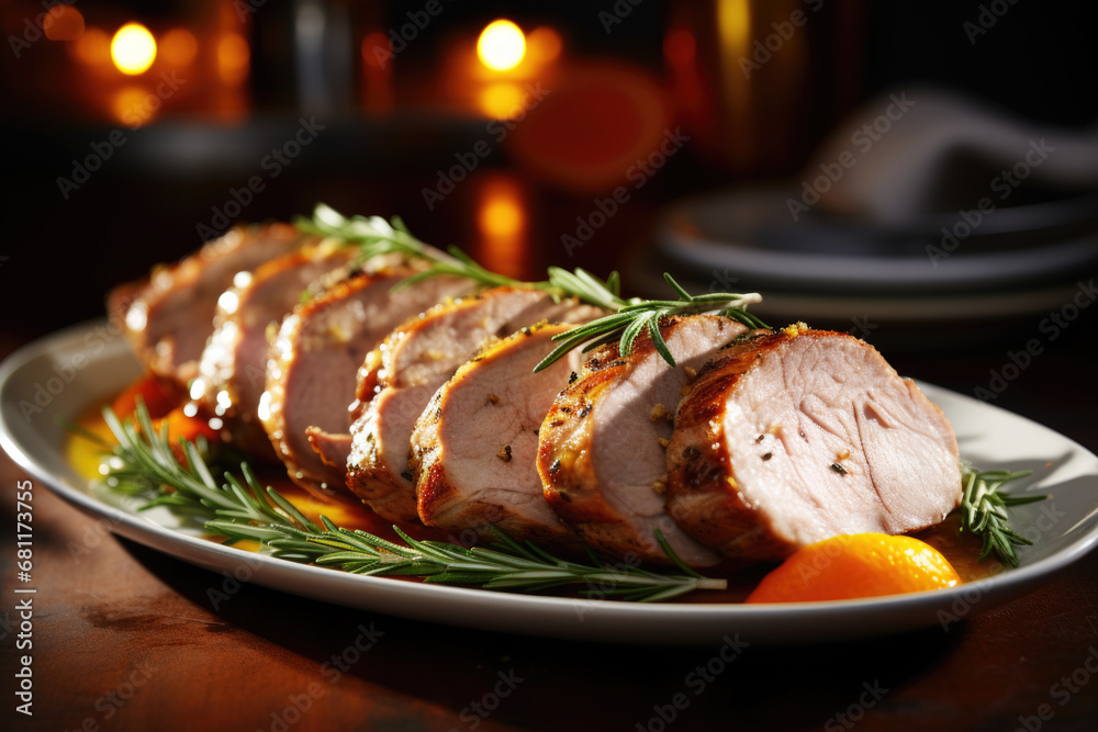 Wall mural Pork tenderloin with apricots, oranges and rosemary on the plate close up