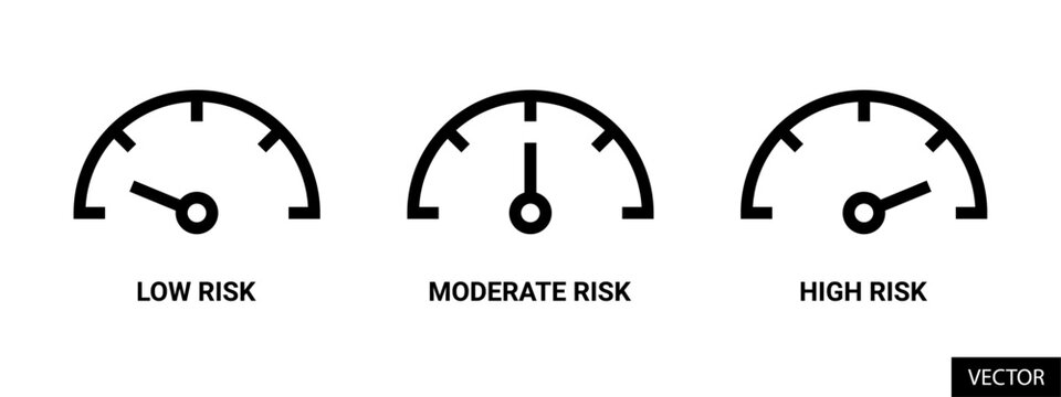 Risk meter, low, moderate, high risk gauge scale vector icons in line style design for website, app, UI, isolated on white background. Editable stroke. Vector illustration.