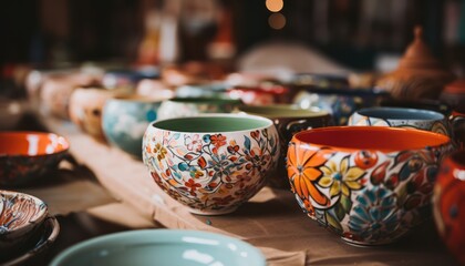 A Rainbow of Delight: Colorful Bowls Adorn a Table Filled With Vibrant Delicacies