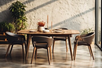 interior of modern dining room with wooden table, chairs and plant. Modern Contemporary Dining room. Interior Design.