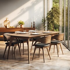 Interior of modern dining room with wooden table and chairs. Modern Contemporary Dining room. Interior Design.