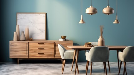 Interior of modern dining room with blue walls, concrete floor, round wooden table with gray chairs and wooden cupboard. Modern Contemporary Dining room. Interior Design.