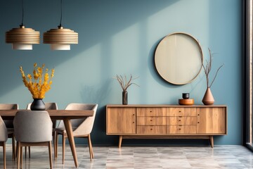 Interior of modern dining room with blue walls, tiled floor, wooden cupboard, round mirror and armchairs. Modern Contemporary Dining room. Interior Design.