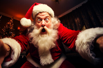 Santa, in a crazy mood, take selfie spree near the Christmas tree - obrazy, fototapety, plakaty