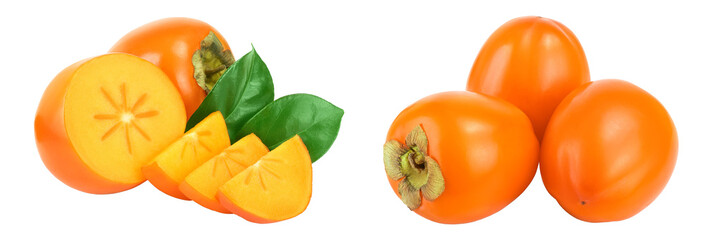 Persimmon fruit with leaves isolated on white background close-up
