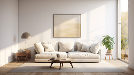 a bright and airy room with light beige walls A plush grey couch sits in the center of the room with a white coffee table in front of it A large picture window allows plenty of natural light in