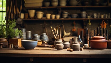 Fototapeta na wymiar A Culinary Haven: A Wooden Table Overflowing with an Array of Cookware