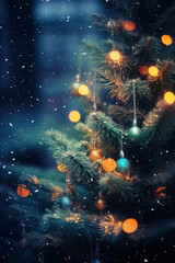 Christmas tree glowing with lights. New Year festive atmosphere