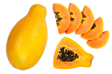ripe slice papaya isolated on a white background with copy space for your text. Top view. Flat lay