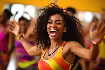 group of smiling women with coach dancing zumba in gym or studio. fitness, sport, dance and...