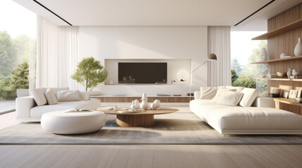 Fototapeta na wymiar a bright and airy living room with white walls and white hardwood flooring A large white sectional sofa takes up most of the room and two round tables are placed on either side