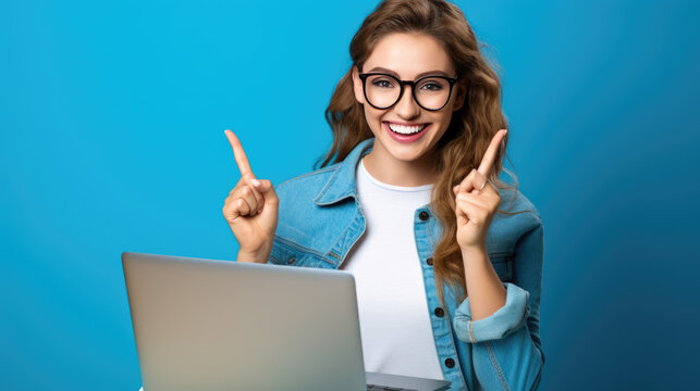 Cheerful young woman sitting in front of a laptop and pointing upwards with finger