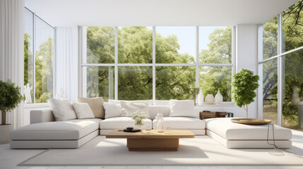 a bright and airy living room with white walls and white hardwood flooring A large white sectional sofa takes up most of the room and two round tables are placed on either side