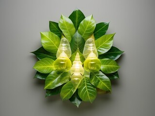 Eco-friendly lightbulb made from fresh leaves, top view. A concept of renewable energy and sustainable living, geometric abstraction Illustration Generative AI