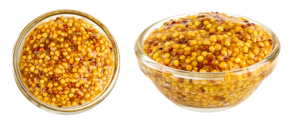 Bowl with french mustard isolated on white background with full depth of field. Top view. Flat lay.