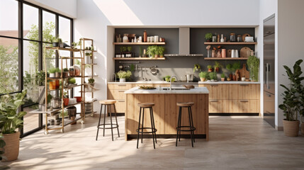a bright and airy kitchen with white walls and black countertops and wooden cabinets A large stainless steel fridge stands in one corner and a center island is surrounded by bar stools