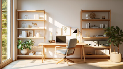 Fototapeta na wymiar a bright and airy home office with a large wooden desk and a comfortable armchair and several bookshelves filled with various supplies