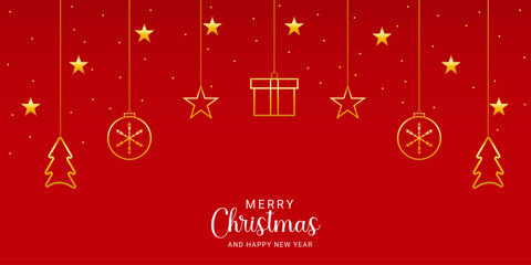 realistic Merry Christmas background with golden ball and stars with tree and gift box