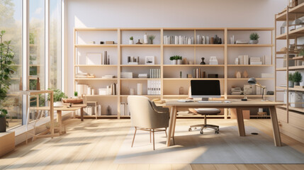 a bright and airy home office with a large wooden desk and a comfortable armchair and several shelves filled with various supplies
