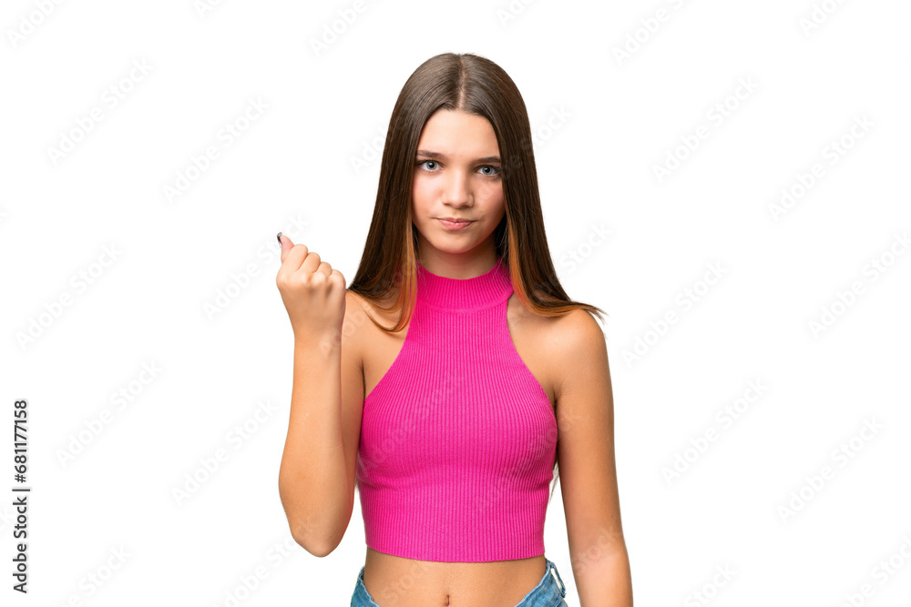 Sticker Teenager caucasian girl over isolated background with unhappy expression