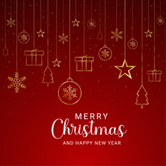 Merry Christmas background with golden stars and tree with golden balls and snowflakes with gift box