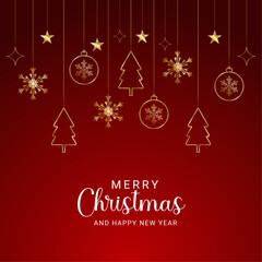 realistic Merry Christmas red background with golden stars and gift box and golden balls with tree