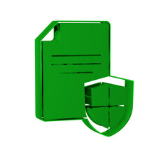 Green Contract with shield icon isolated on transparent background. Insurance concept. Security, safety, protection, protect concept.