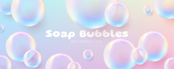 Realistic soap bubbles. Cute banner. Transparent bubbles with a glossy rainbow surface, conveying a clean and airy concept. Not AI generated. - obrazy, fototapety, plakaty