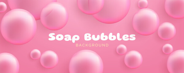 Realistic soap bubbles. Cute bubble gum banner. Transparent bubbles with a glossy pink surface, conveying a clean and airy concept. Not AI generated.