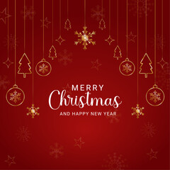 Naklejka premium social media post design for Merry Christmas with golden snowflakes and tree with balls and stars