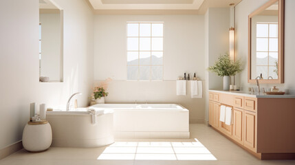 a bright and airy bathroom with a tile floor and a large jacuzzi tub and a large vanity mirror