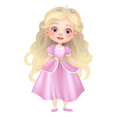 Obraz na płótnie Canvas 3D illustration of a cute princess doll with a beautiful dress, crown, and beautiful face. Magical princess, perfect for fairy tale themes. The character is isolated Not AI generated.