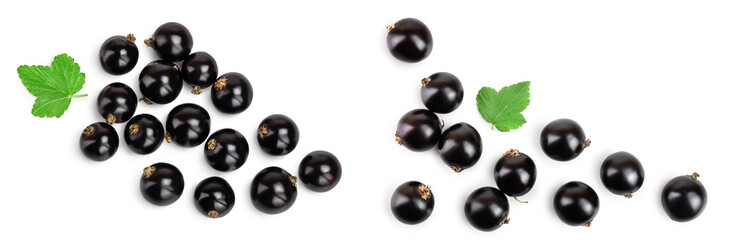 black currant with leaves isolated on white background . Top view. Flat lay pattern