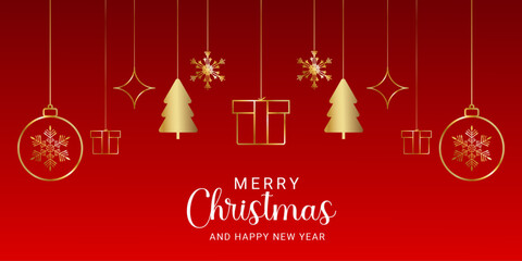 Merry Christmas background with golden stars and tree with and golden balls