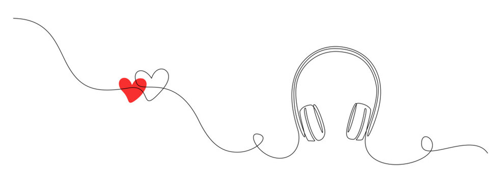 Continuous one line drawing of headphones speaker with heart shape. Music gadget and earphones devices in simple linear style. Editable stroke. Doodle outline vector illustration