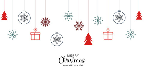 Merry Christmas background with stars and snow with balls and gift box