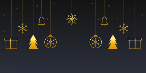  Christmas background with golden stars and balls with golden gift box and tree - obrazy, fototapety, plakaty