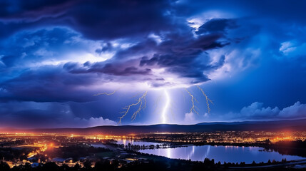 Naklejka na ściany i meble Electric Dance: A striking photograph capturing a powerful bolt of lightning illuminating the night sky, showcasing the raw energy and beauty of a thunderstorm