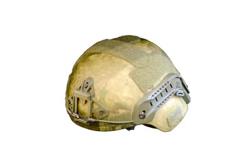 Fototapeta premium The army shop displays the khaki-colored helmet that comes with the soldier's military uniform, isolated on white background.