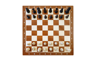 Chess pieces in random order 960 on the chessboard, top view. The beginning of the Fischer chess...