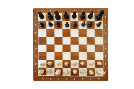 Chess pieces in random order 960 on the chessboard, top view. The beginning of the Fischer chess game, isolated on white background