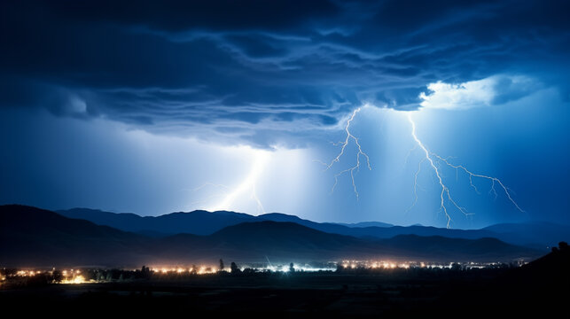 Silhouetted Storm: An image featuring a silhouette of mountains or hills against a stormy sky illuminated by flashes of lightning, offering a visually dramatic and atmospheric comp