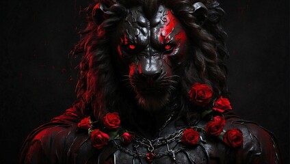 A man symbolizing dark and love, psychology, love, manipulation, dark and red, scare, pain, and tears, with a Black and Red Lion - obrazy, fototapety, plakaty
