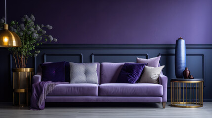 modern purple living room with a sofa and pillows